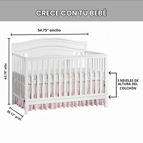 Vista 6 de Oxford Baby Briella, cuna convertible 4 en 1 para bebé en color blanco, con certificado GreenGuard Gold
