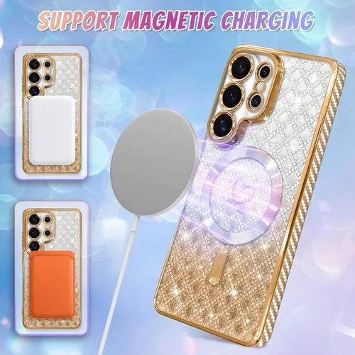 Vista 415 de Bonoma - Funda compatible con Samsung Galaxy S21 Plus, diseño de corazón con purpurina, color rosa Support for MagSafe, Plating Magnetic Case TPU