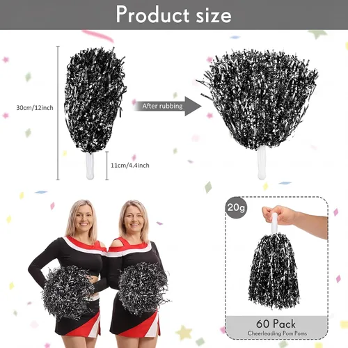 Vista 3 de 60 Piezas Pompones de Animadoras de Papel Metálico Pompones de Animación a Granel con Mango de Plástico Accesorio de Disfraz de Animación para Negro