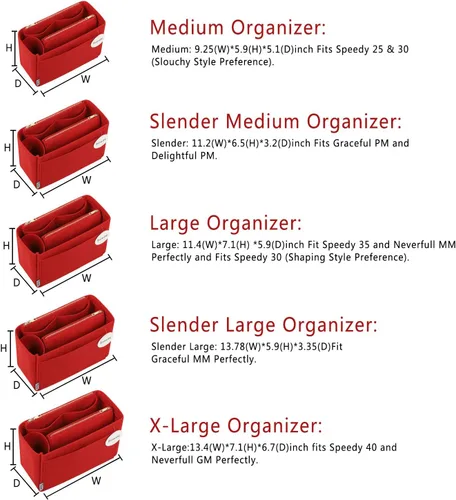 Vista 3 de Organizador de bolso, organizador de bolso, organizador de bolsa, perfecto para Speedy Neverfull y más, 5 tamaños (M, rojo)