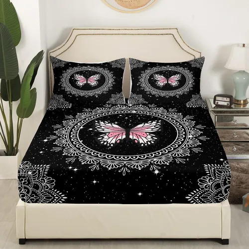 Vista 3 de Feelyou Juego de sábanas de mariposa tamaño individual para niños y niñas, diseño de mandala bohemio