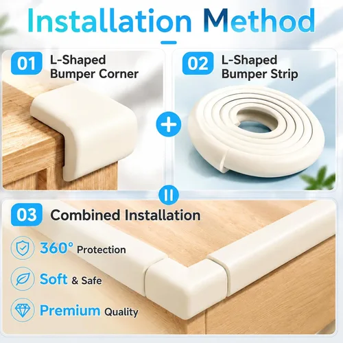 Vista 5 de ZOMPAGO Rollo protector de bordes de bebé (6.56 pies) y 8 protectores de esquina, protectores de esquina de espuma blanca para muebles, esquinas