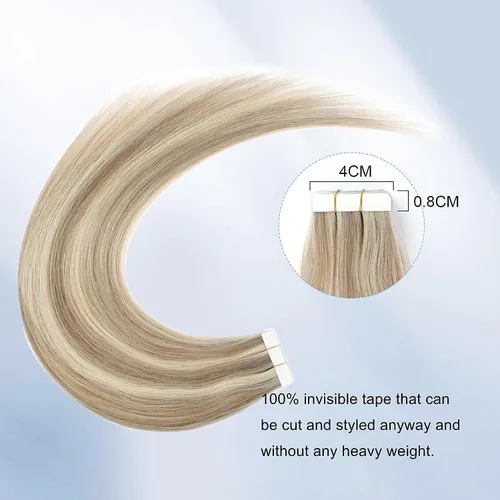 Vista 6 de Sixstarhair Extensiones de cabello con cinta adhesiva, color marrón claro, mezclado con rubio ceniza, sin costuras, lacio, 18 pulgadas, 1.76 onzas