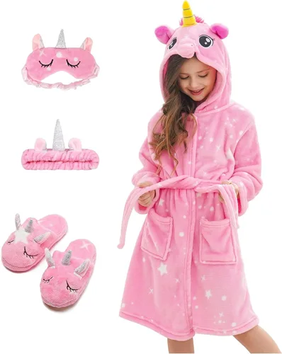 Vista 9 de CHETOSHO Bata suave con capucha de unicornio y pantuflas a juego, diadema y venda para los ojos para niñas Estrellas azul/rosa