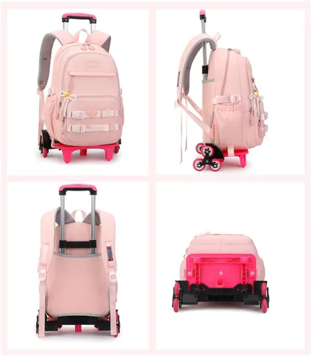 Vista 4 de Mochila con ruedas para niñas, mochila con ruedas para niños, mochila escolar con ruedas, 2 Wheels-pink