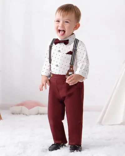 Vista 2 de DISAUR Ropa para bebé niño, camisa de vestir con corbatín y pantalones de tirantes, conjuntos de traje de caballero para boda de 1 a 6 años