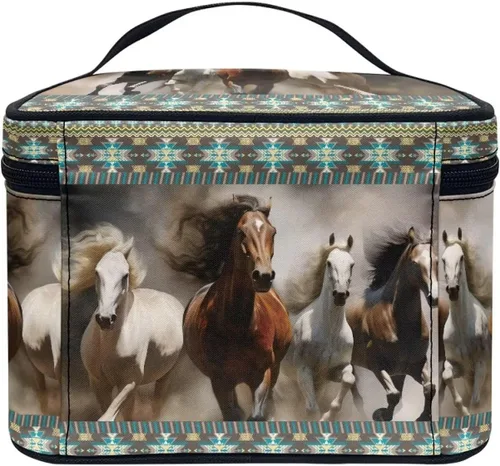 Vista 4 de Flashideas Bolsa de maquillaje para cosméticos Almacenamiento vertical Bolsa de maquillaje de viaje de gran capacidad, Caballo Azteca 1