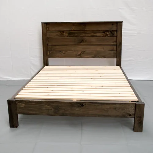 Vista 4 de Marco de cama de plataforma de madera con cabecero, tamaño individual, estilo rústico y moderno, acabado marrón, pino macizo, no necesita somier