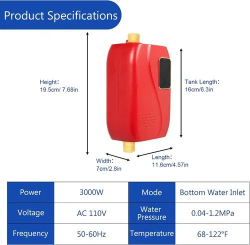 Vista 7 de Calentador de agua caliente sin tanque eléctrico instantáneo de 3.0KW 110V, calentador de agua portátil, calentador de agua caliente instantáneo