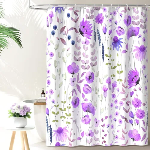 Vista 9 de QiyI Cortina de ducha floral de acuarela, cortina de baño de primavera con estampado de flores, decoración del hogar, lavable a máquina, cortina
