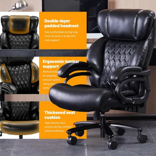Vista 6 de Silla de oficina grande y resistente de 600 libras, silla de escritorio ergonómica para computadora, silla de cuero con respaldo alto con soporte