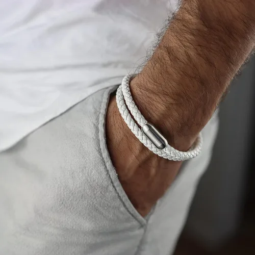 Vista 3 de Pulsera de cuero trenzada con cierre magnético de acero inoxidable para hombre, pulsera de cuero auténtico con cierre magnético