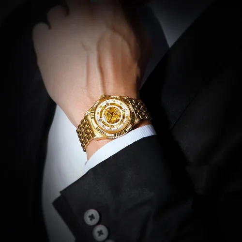 Vista 6 de BINLUN Reloj de pulsera para hombre, mecánico automático, reloj dorado con cuerda automática, elegante, chapado en oro de 18 quilates, relojes
