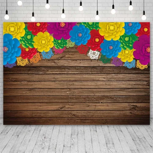 Vista 2 de AIBIIN Telón de fondo de fotos de fiesta mexicana de 8 x 6 pies, banderas rústicas de madera con flores coloridas, fondo de fotografía, cumpleaños