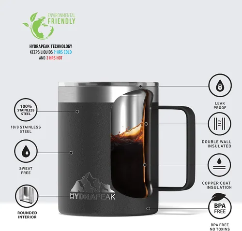 Vista 3 de Hydrapeak - Taza de viaje con doble aislamiento al vacío, de acero inoxidable, con asa integrada y tapa a presión (354.88 ml), Taza de café, Negro