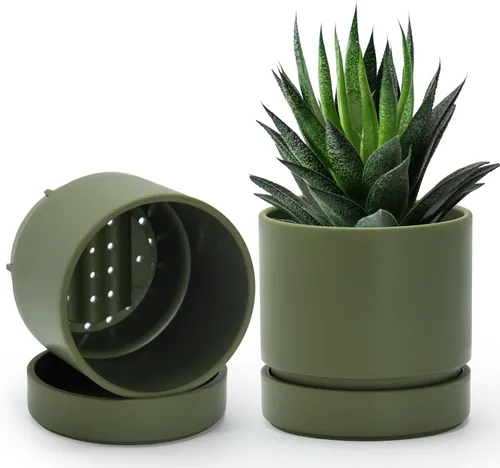 Vista 44 de Phoenix Vine 4 Inch Planter Pot with Drainage Hole & Saucer, Deep Water Catch Tray, Straight Cylindrical Round Pot for Plants, Olive, Pack of 1