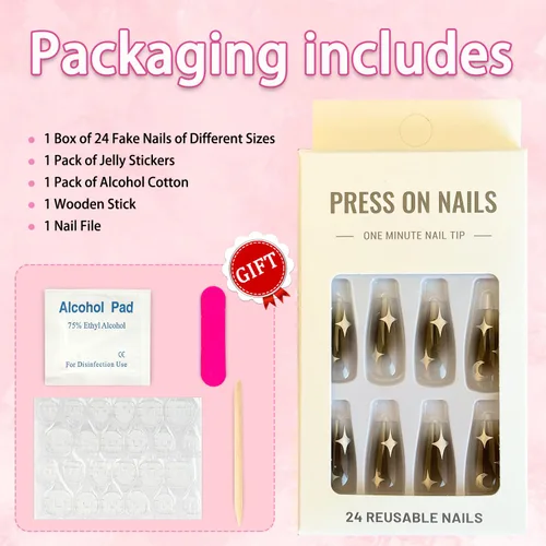 Vista 5 de 24 uñas postizas medianas a presión, uñas postizas brillantes con diseños de estrellas y luna, uñas acrílicas negras de cobertura completa pegamento
