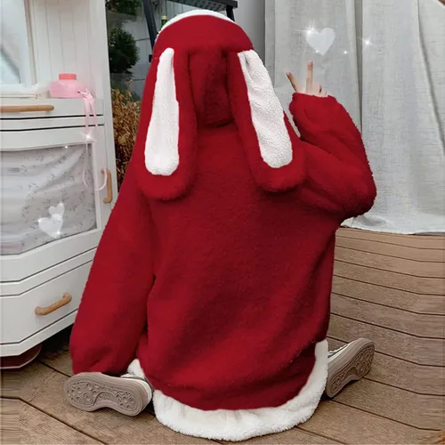 Vista 4 de Sudadera con capucha para mujer, con orejas de conejo, manga larga, mullida, esponjosa, con capucha, abrigos, anime, cosplay, suéter Kawaii