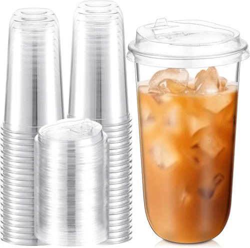 Vista 14 de Baderke 25 juegos de vasos desechables de plástico helado con tapas, transparentes, 16 onzas