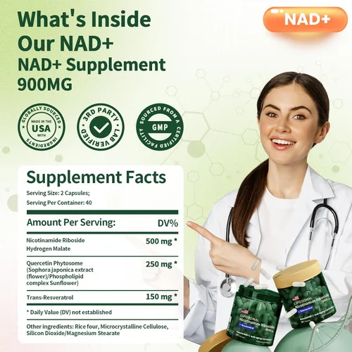 Vista 2 de Ribosida de nicotinamida liposomal 900 mg, suplementos NAD para mujeres, suplemento de resveratrol NAD, quercetina, alternativa de suplemento NMN