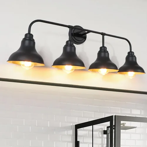 Vista 9 de Lámparas de tocador de baño de granja de 25 pulgadas, lámparas de baño de 3 luces sobre espejo, apliques rústicos de pared con pantalla de metal