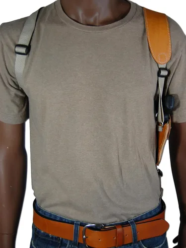 Vista 2 de Barsony Nuevo Saddle Tan Cuero Vertical Cruz Arnés Hombro Holster para 2-3" Snub Nose Revolvers