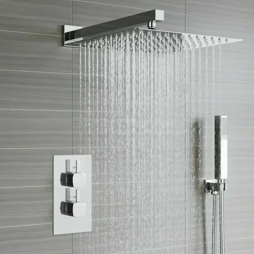 Vista 8 de Voolan Cabezal de ducha totalmente de metal con brazo de extensión, cabezales de ducha de lluvia tipo cascada de acero inoxidable, cabezal de ducha
