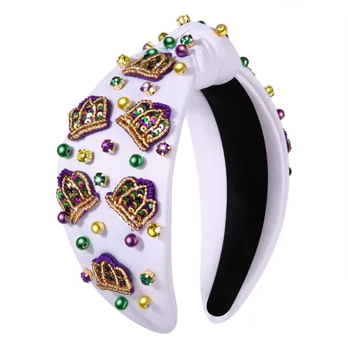 Vista 11 de MOLOCH Diadema de Mardi Gras para mujer, con cuentas moradas, amarillas, verdes, estrellas, diadema anudada, carnaval, joyería de cristal, nudo
