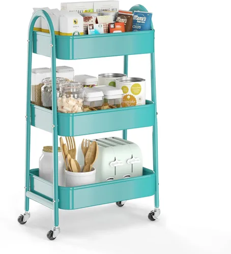 Vista 10 de EAGMAK Carrito rodante de 3 niveles, carrito de almacenamiento de metal grande con asa y ruedas con cerradura, organizador de almacenamiento