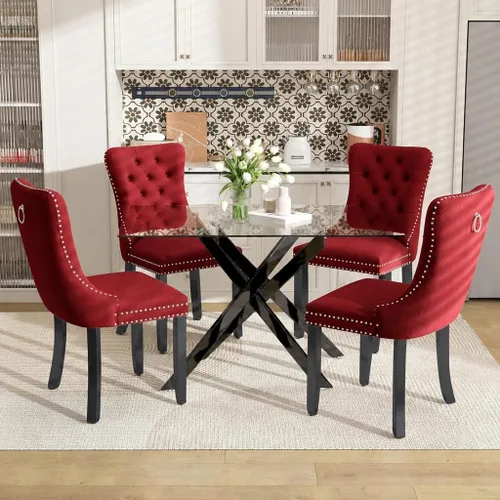 Vista 22 de Juego de mesa de comedor de 51 pulgadas de vidrio para 4, mesa de cocina rectangular de vidrio con 4 sillas tapizadas con acentos de terciopelo