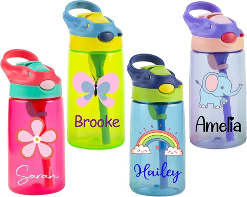 Vista 8 de Mostop Botellas de agua personalizadas para niños, botella de agua deportiva con nombre personalizado de 16 onzas con popote para niños, niñas