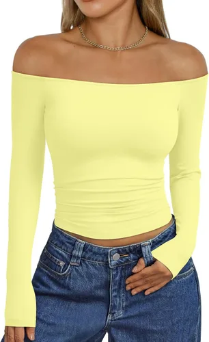 Vista 15 de Trendy Queen Camisetas básicas sexy para mujer con hombros descubiertos Azul
