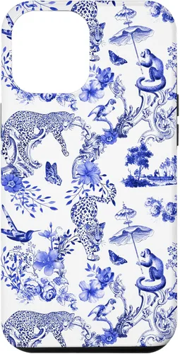Vista 26 de French Blue Toile Chinoiserie with Flowers, Monkey, Leopards Case for iPhone 17