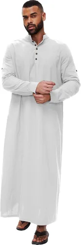 Vista 2 de YAOHUOLE Kaftan para hombre - Batas árabes islámicas con botones Blanco