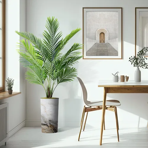 Vista 6 de Árbol artificial en macetero con efecto de granito moderno, palmera tropical areca artificial de seda para decoración del hogar en interiores