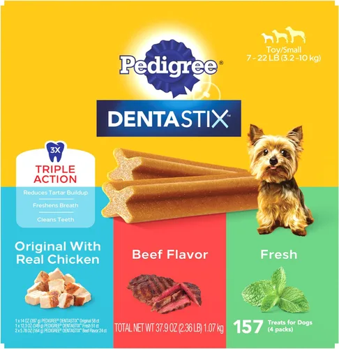 Vista 18 de Pedigree Dentastix Golosinas dentales para perros pequeños de doble sabor, tocino y pollo, bolsa de 5.08 onzas (24 golosinas)