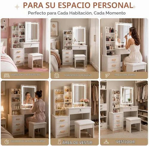 Vista 5 de Escritorio de tocador con espejo y luces, juego de tocador de maquillaje pequeño de 35 pulgadas con almacenamiento de espejo deslizante, 4 cajones