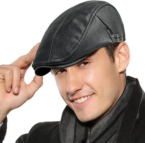 Vista 20 de Panegy Sombrero de periódico para hombre, gorra plana de piel sintética, sombrero de boina ajustable, sombrero de hiedra para conducir golf al aire