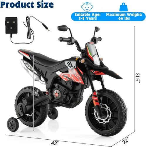 Vista 7 de OLAKIDS Motocicleta para niños, Aprilia RX125 12V con licencia, moto eléctrica de cross montable con ruedas de entrenamiento, suspensión de resorte