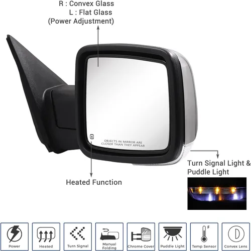 Vista 2 de Espejo lateral compatible con espejo de remolque 2009-2018 Dodge Ram 1500 2010-2018 Dodge Ram 2500 3500 4500 5500 con ajuste eléctrico, calefacción