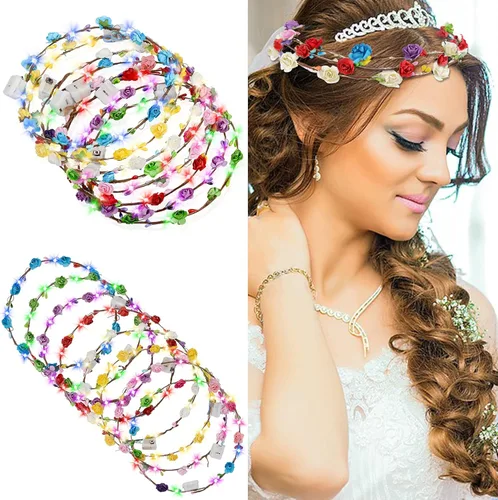 Vista 5 de 20 diademas LED con corona de flores, tocado luminoso con luces LED, corona de flores para niñas, mujeres, bodas, festivales, vacaciones, Navidad