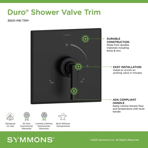 Vista 3 de Symmons Válvula de ducha Duro 3600-MB-TRM en negro mate (válvula no incluida)