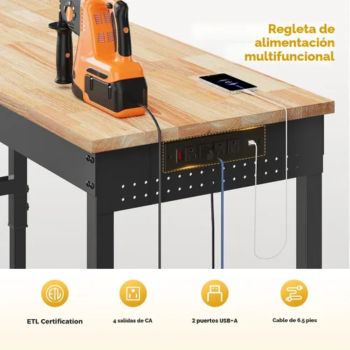 Vista 9 de CAMMOO Banco de trabajo ajustable de 96" de carga pesada, capacidad de carga de 2000 LBS, mesa de trabajo de madera de goma con tablero perforado