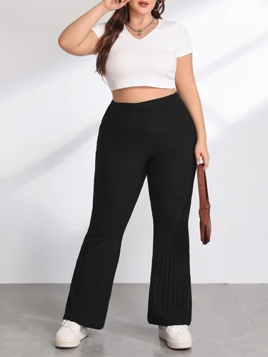 Vista 6 de OYOANGLE Pantalones de yoga acampanados de punto acanalado para mujer, talla grande, pantalones casuales