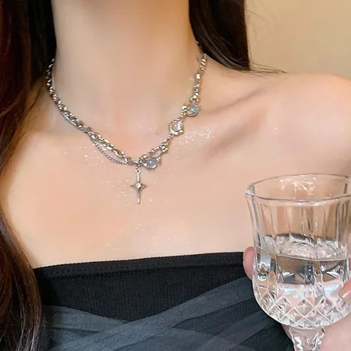 Vista 49 de Y2k - Collar irregular con dije de estrella, piedra de luna, diseño de cadena de moda, joyería de plata picante para mujer