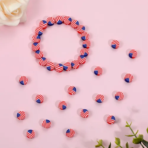 Vista 4 de 100 cuentas espaciadoras de arcilla polimérica para el Día de la Independencia del 4 de julio para hacer joyas, manualidades, pulseras, collares