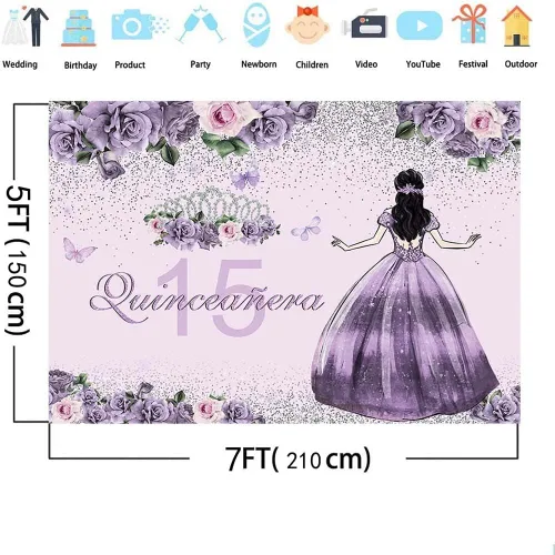 Vista 4 de AIBIIN Telón de fondo de quinceañera de 7 x 5 pies, corona dorada, vestido floral morado, corona de princesa, fondo de fotografía, fiesta