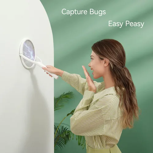 Vista 2 de Paquete de 2 raquetas eléctricas para matamoscas con cabezal giratorio, tipo C, recargable, eléctrica, exterminador de mosquitos, matamoscas