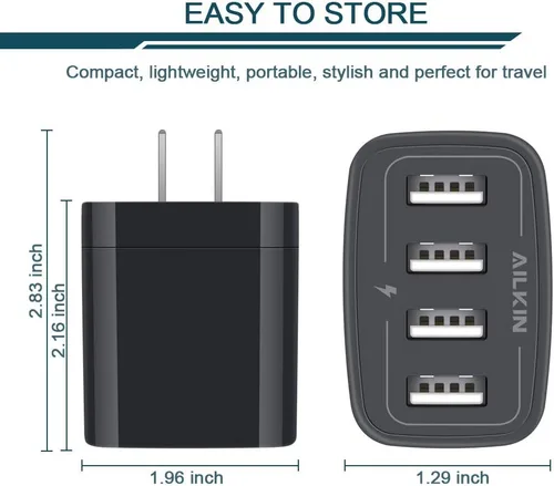Vista 2 de Cargador de pared, adaptador de cargador USB, estación de carga rápida AILKIN 4.8A, 4 puertos múltiples, bloque de base de alimentación, enchufe