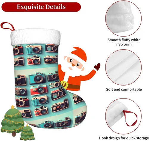 Vista 7 de Retro Cool Camera Collection Print Christmas Stocking, Christmas Tree Decor Stocking, Flannel Cuff With Hanging Ribbonâ€‹